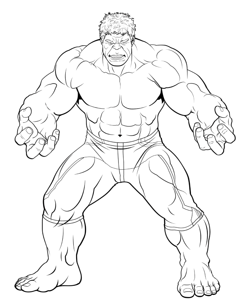 Desenho do Hulk musculoso com expressão de raiva, vestindo calças rasgadas, pronto para imprimir e ganhar cor.