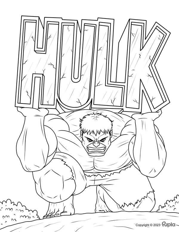 Desenho do Hulk para colorir, com músculos definidos, expressão de raiva e a palavra 'HULK' em destaque. Imprima e pinte o Incrível Hulk!