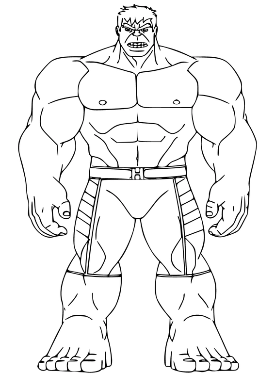 Desenho do Hulk musculoso, com expressão de raiva e vestindo shorts, pronto para imprimir e colorir.