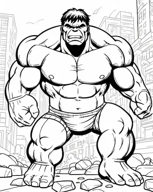 Desenho do Hulk musculoso e com expressão de raiva, em cenário urbano com prédios destruídos e pedras no chão para imprimir e colorir.