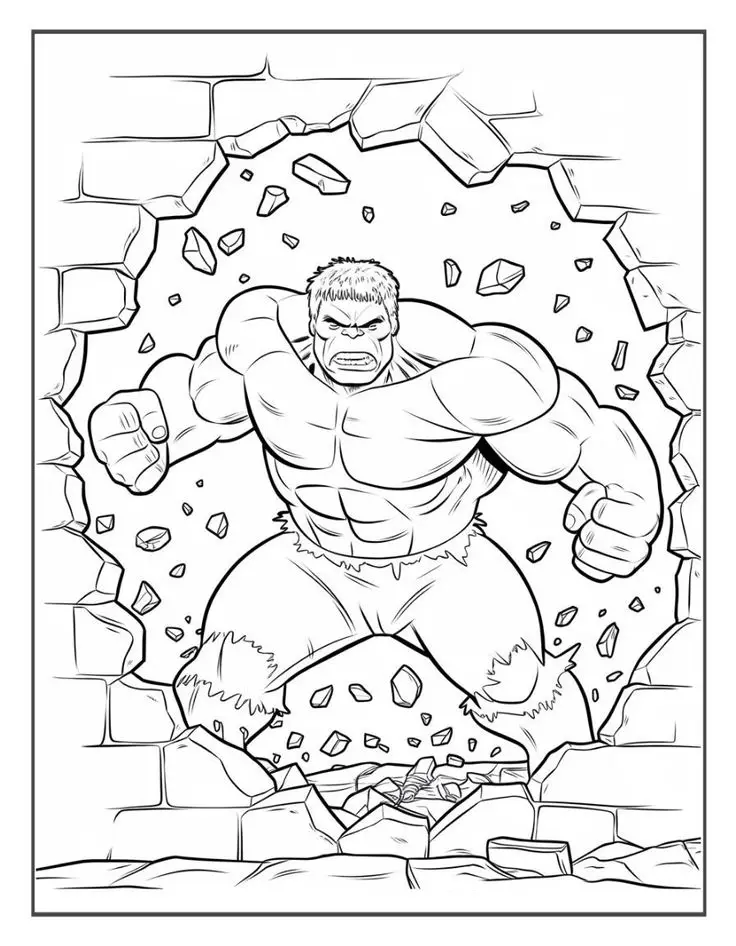 O super-herói Hulk em pose de ataque, rompendo uma parede de tijolos com destroços voando ao redor.