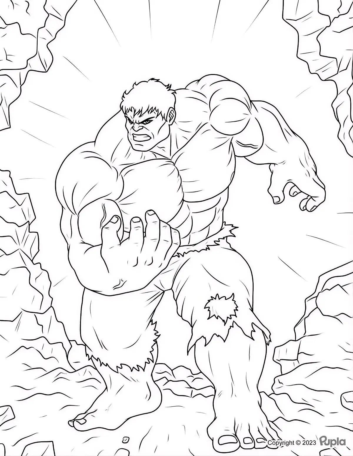 Desenho do Hulk em traços pretos, em pose de força esmagando rochas ao seu redor