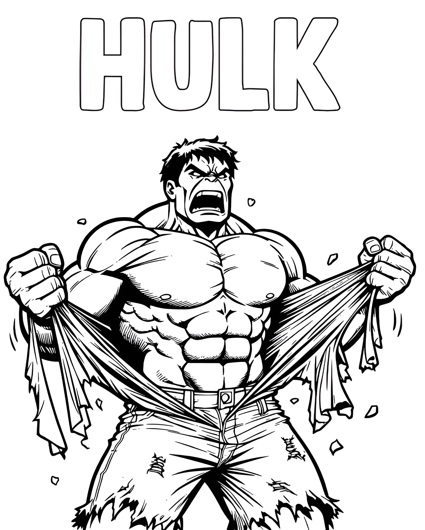 Ilustração em preto e branco do super-herói Hulk demonstrando força ao rasgar sua camisa, com expressão de fúria e braços musculosos.