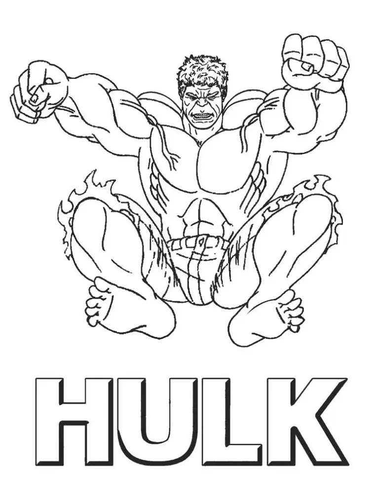 Desenho para colorir do Hulk realizando um salto poderoso com os punhos cerrados e expressão de força, com a palavra HULK escrita abaixo.