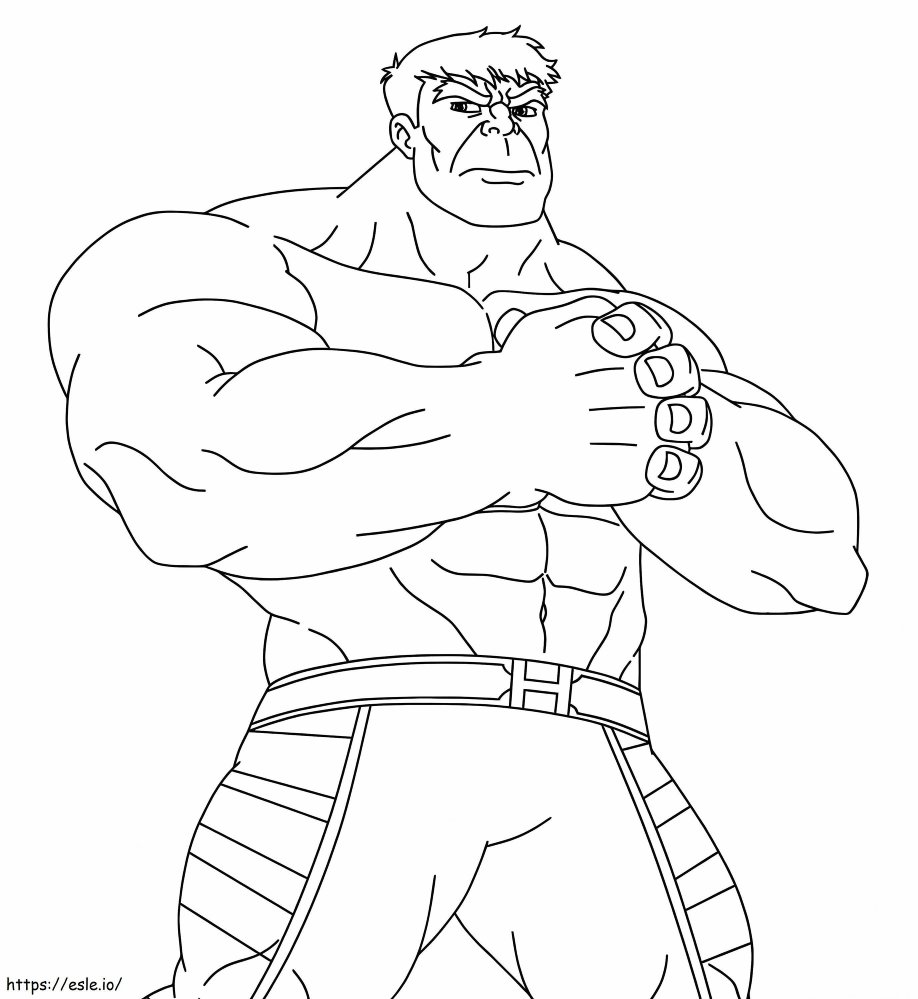 Ilustração do Hulk, super-herói verde da Marvel, com punhos cerrados e expressão de raiva, ideal para atividades de colorir e imprimir.