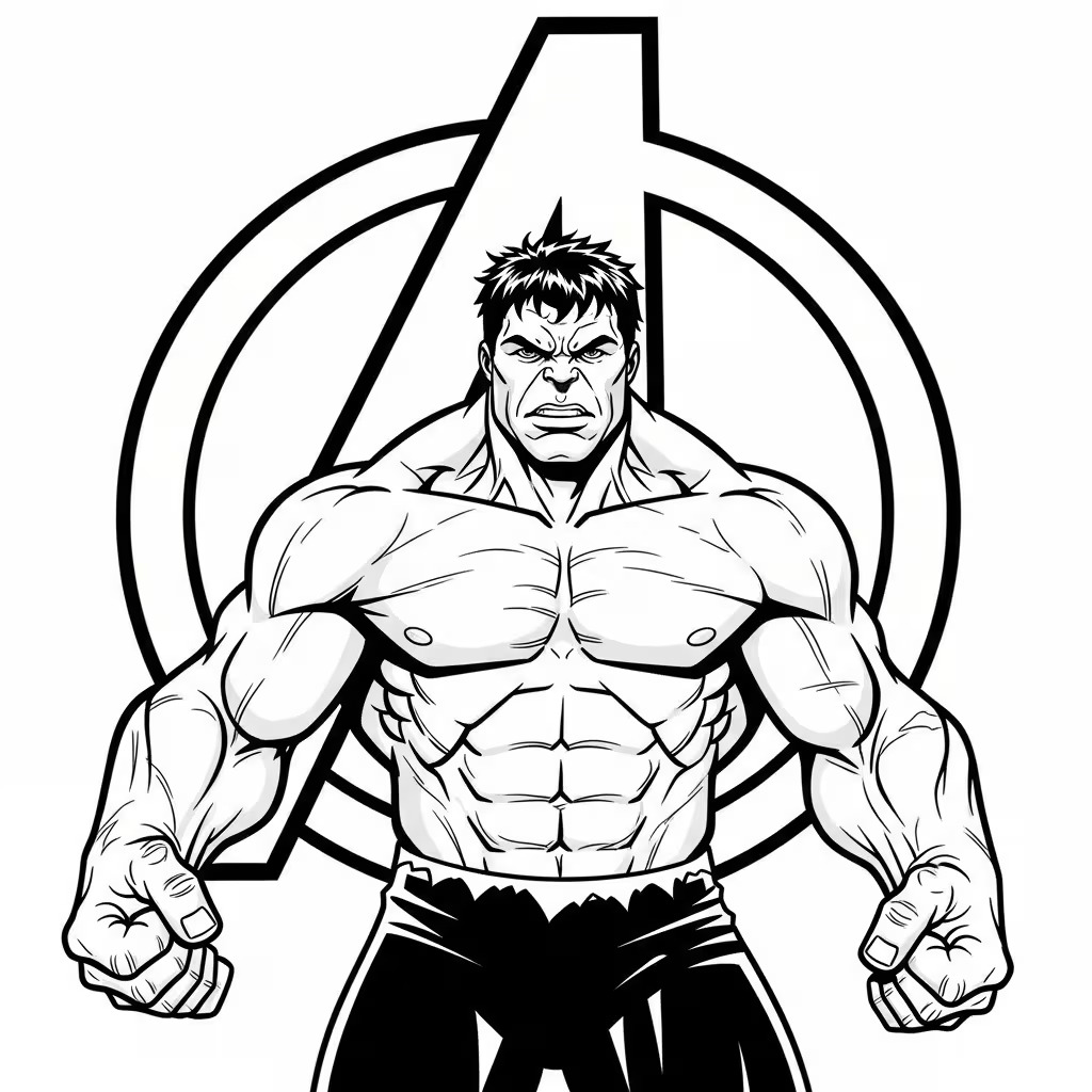 Desenho para colorir do Hulk com os braços cruzados na frente do símbolo dos Vingadores.