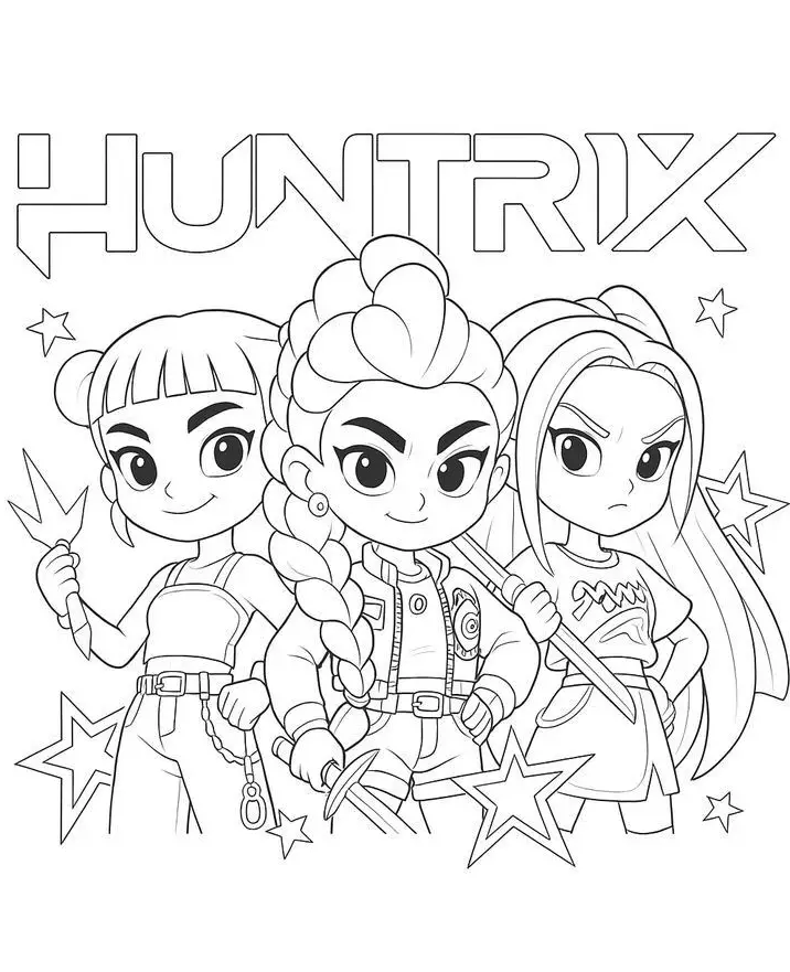 Desenho para colorir das três heroínas Huntrix em estilo anime, segurando espadas e prontas para uma aventura com estrelas ao fundo.