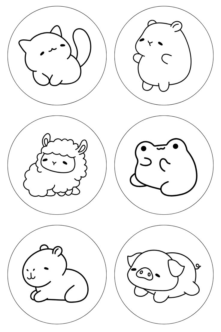 Desenho de animais fofos em estilo cartoon, incluindo gato, hamster e ovelha, ideal para atividades de colorir e aprendizado.