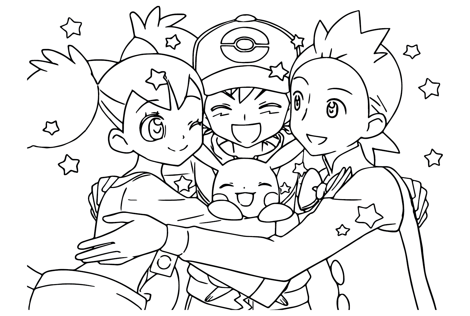 Desenho de um abraço coletivo dos personagens Pokémon com estrelas ao redor para imprimir e colorir.