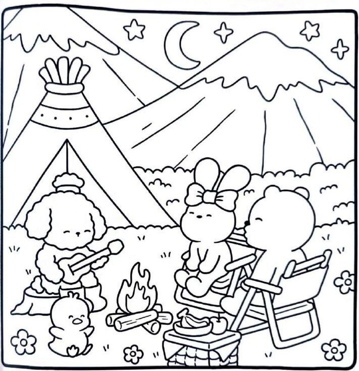 Desenho de acampamento noturno da Bobbie Goods com poodle, patinho, coelho e urso em volta da fogueira para imprimir e colorir.