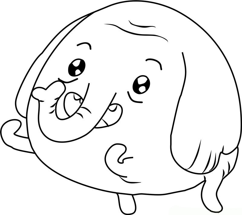 Desenho da A Dócil Dona Tromba, do desenho Hora de Aventura, com corpo arredondado, tromba pequena e sorriso mostrando os dentes para imprimir e colorir.