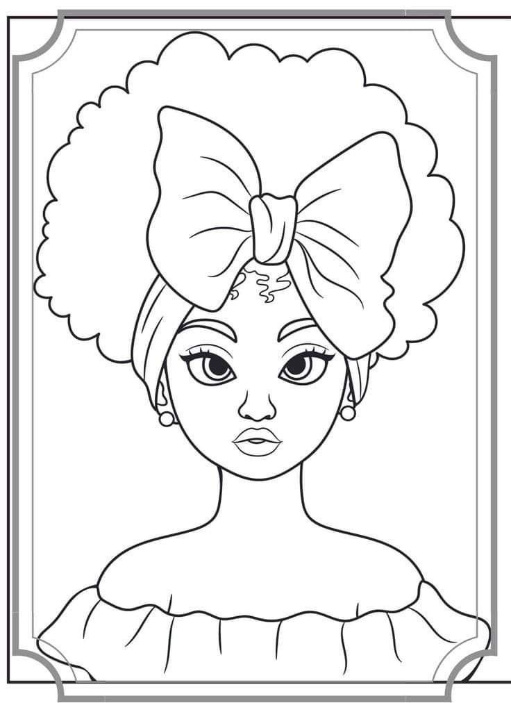 Desenho de uma mulher afro com laço no cabelo, brincos de argola e vestido com babados para imprimir e colorir.