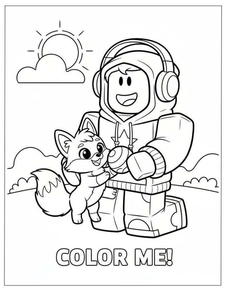 Desenho dos Amigos Roblox no inverno com raposa, bola de neve e cenário nevado para imprimir e colorir.