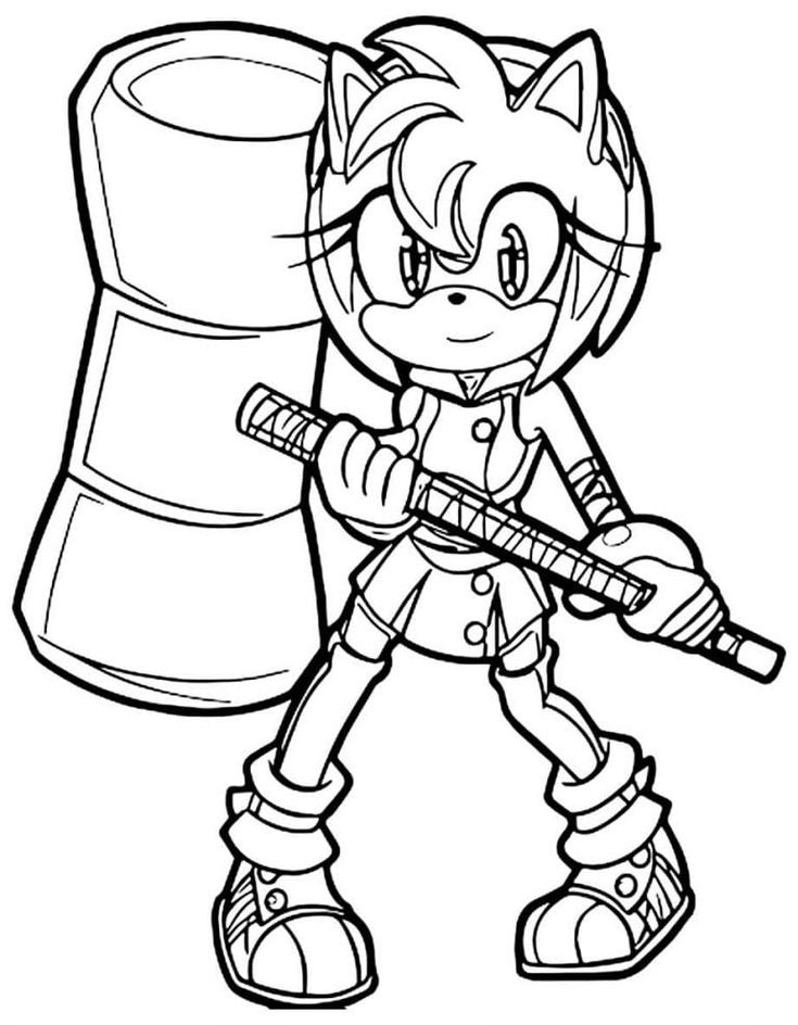 Desenho da Amy Rose segurando o martelo Piko Piko para imprimir e colorir.