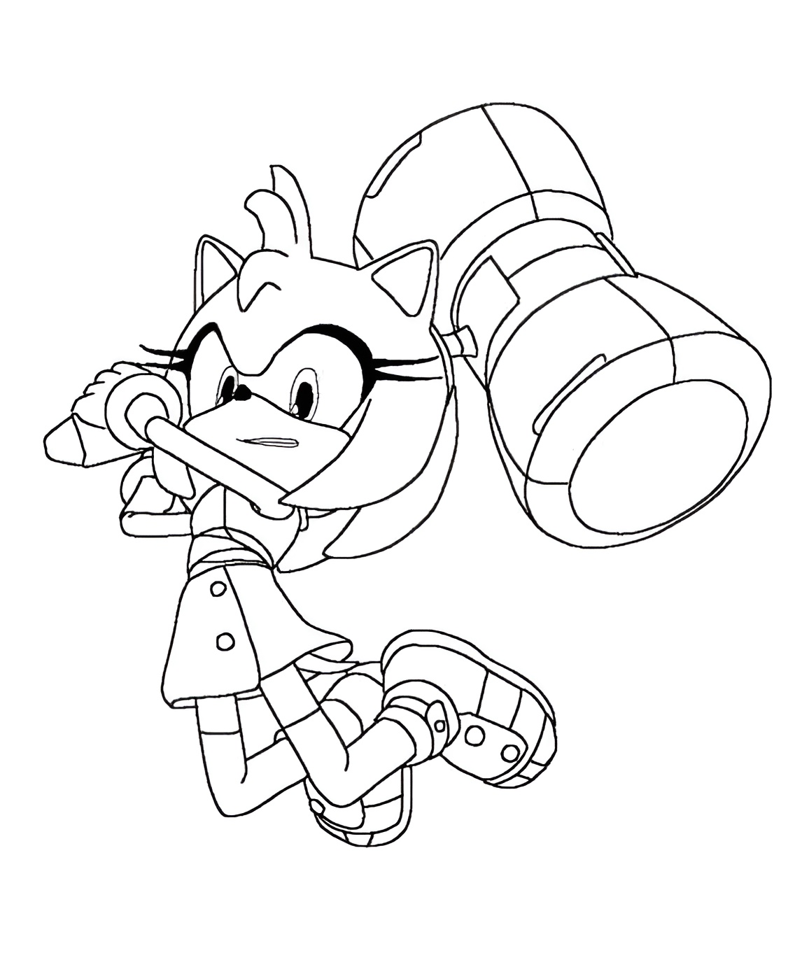 Desenho da Amy Rose com vestido e martelo para imprimir e colorir.