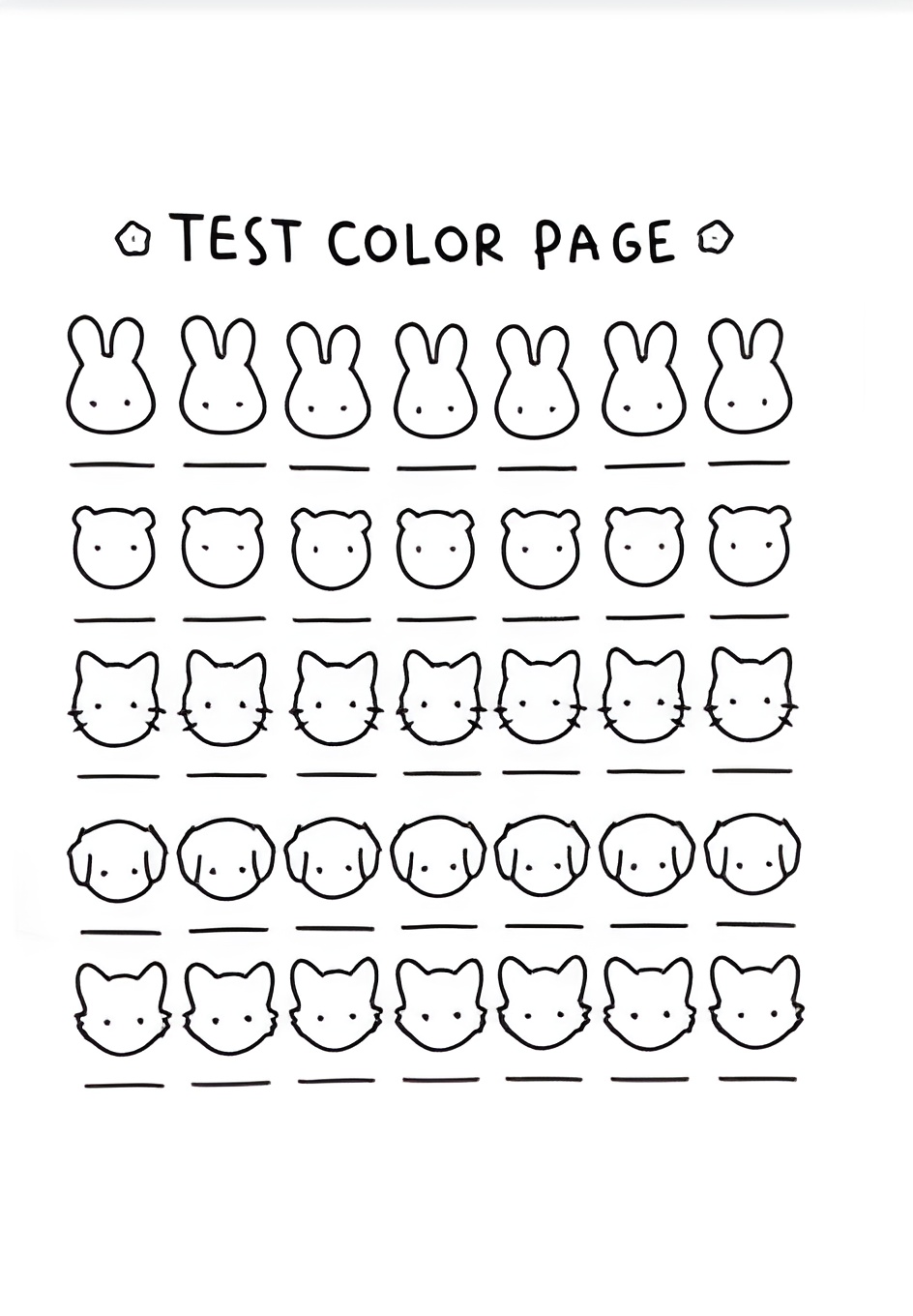 Desenhos de cabeças de coelhos, ursos, gatos e cachorros em estilo cartoon para colorir e testar cores.