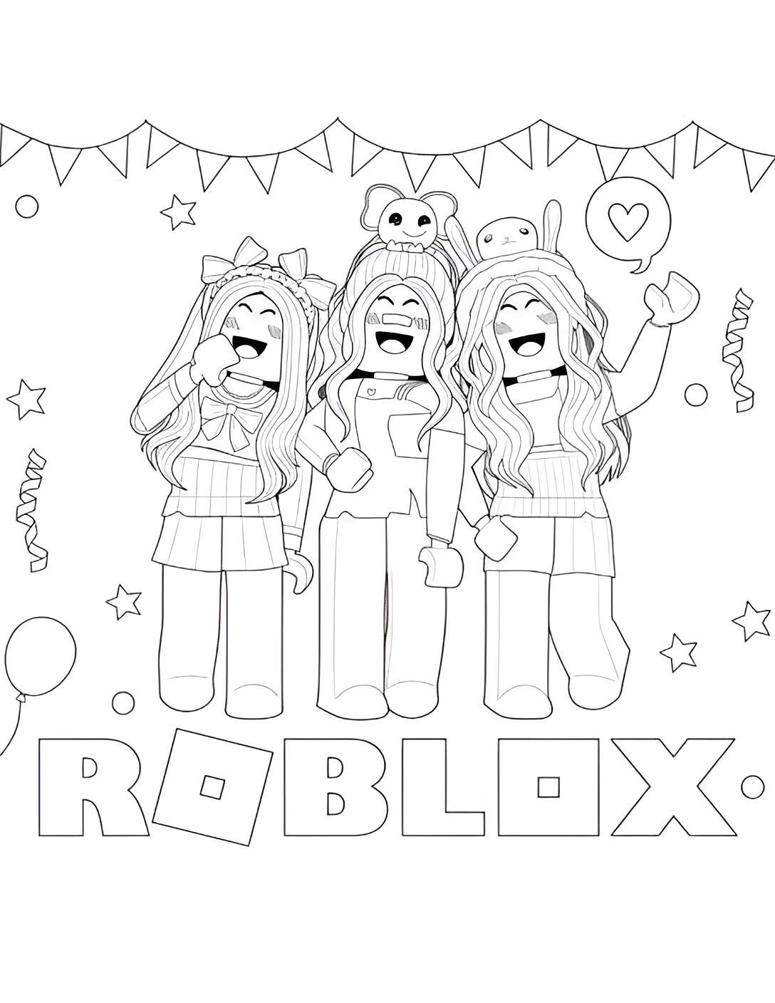 Desenho de personagens Roblox em festa de aniversário para imprimir e colorir.