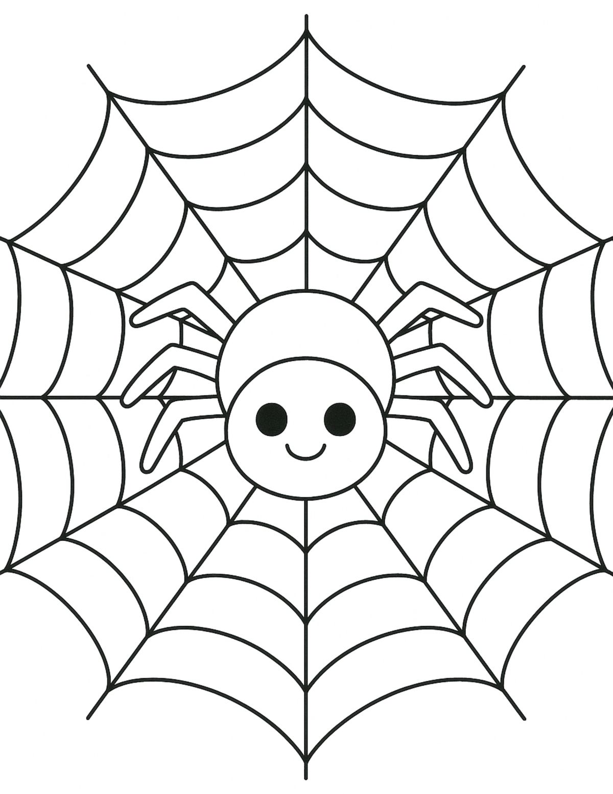 Desenho de aranha cartoon com corpo redondo e teia estilizada ao fundo para imprimir e colorir.