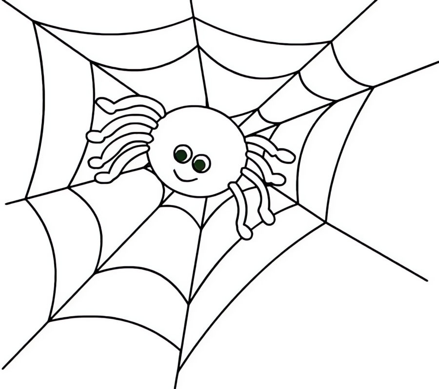 Desenho de aranha sorrindo com teia geométrica ao fundo para imprimir e colorir.
