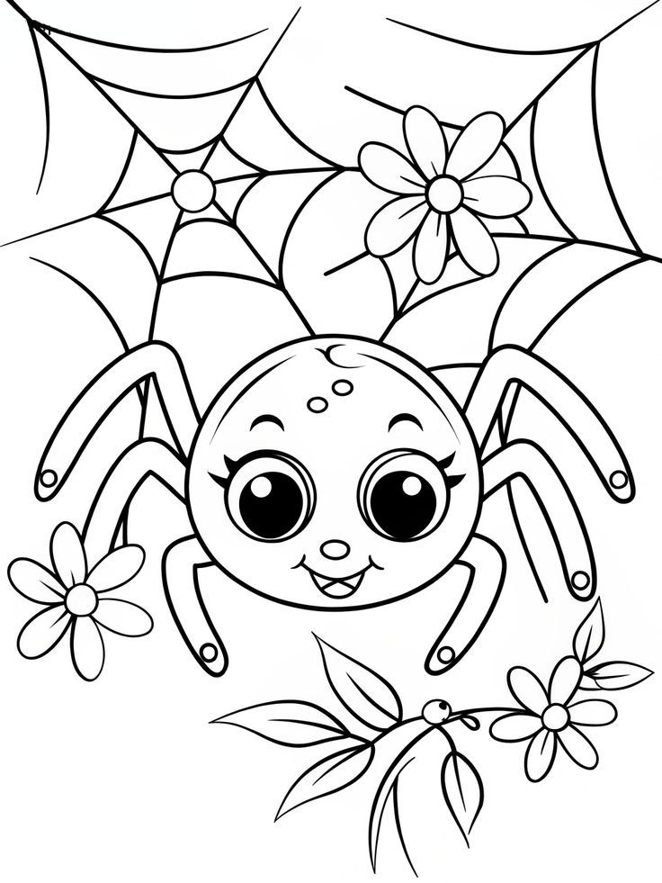 Desenho de aranha graciosa com cílios, teia florida e galho com folhas para imprimir e colorir.