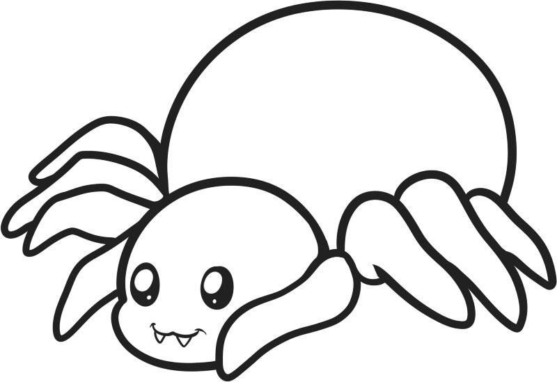Desenho de aranha kawaii com olhos grandes, brilhantes e sorriso fofo para imprimir e colorir.