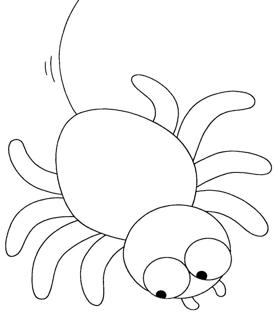 Desenho simples de aranha com corpo oval e olhos grandes para imprimir e colorir.