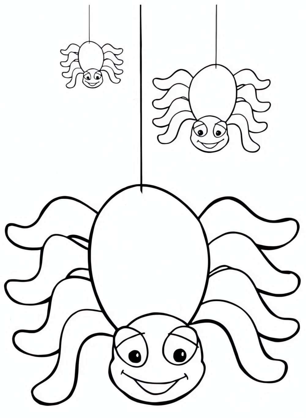 Desenho de aranhas com sorrisos amigáveis penduradas em teias para imprimir e colorir.