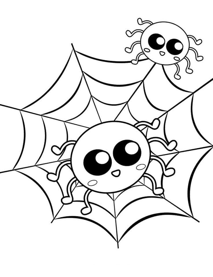 Desenho de aranhas no estilo cartoon com teia de aranha ao fundo, para imprimir e colorir.