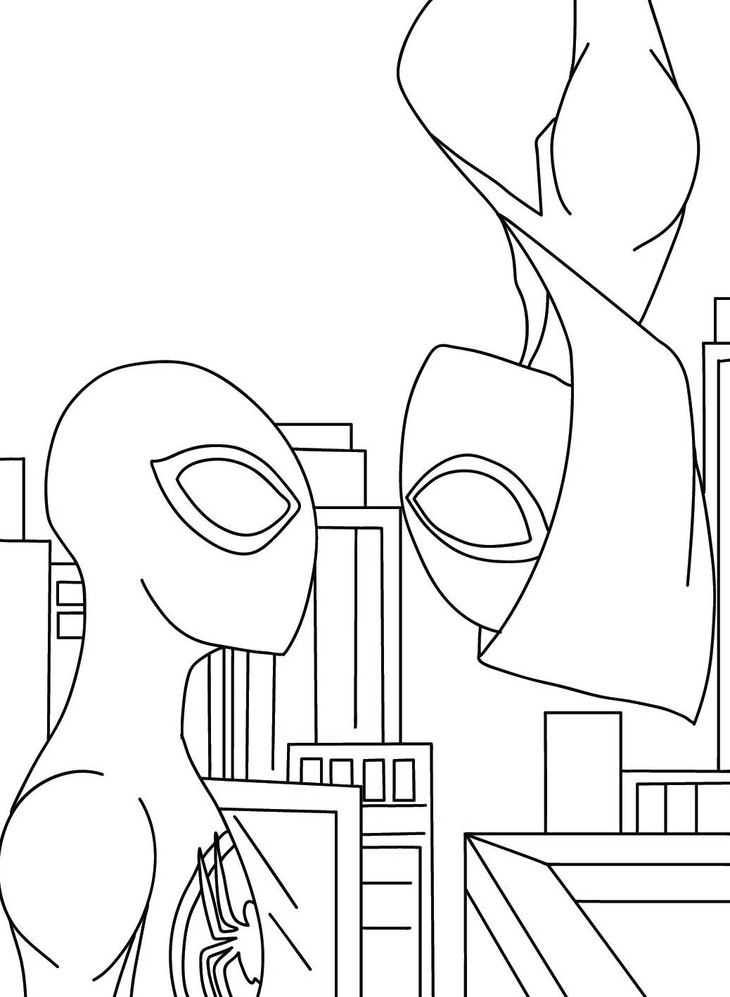 Desenho de Miles e Gwen no terraço de um prédio, em uma pose de ação, pronto para imprimir e colorir.