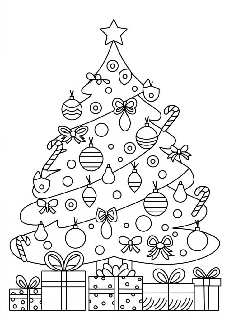 Desenho de árvore de Natal com muitos enfeites e presentes para imprimir e colorir, perfeito para a diversão das crianças.