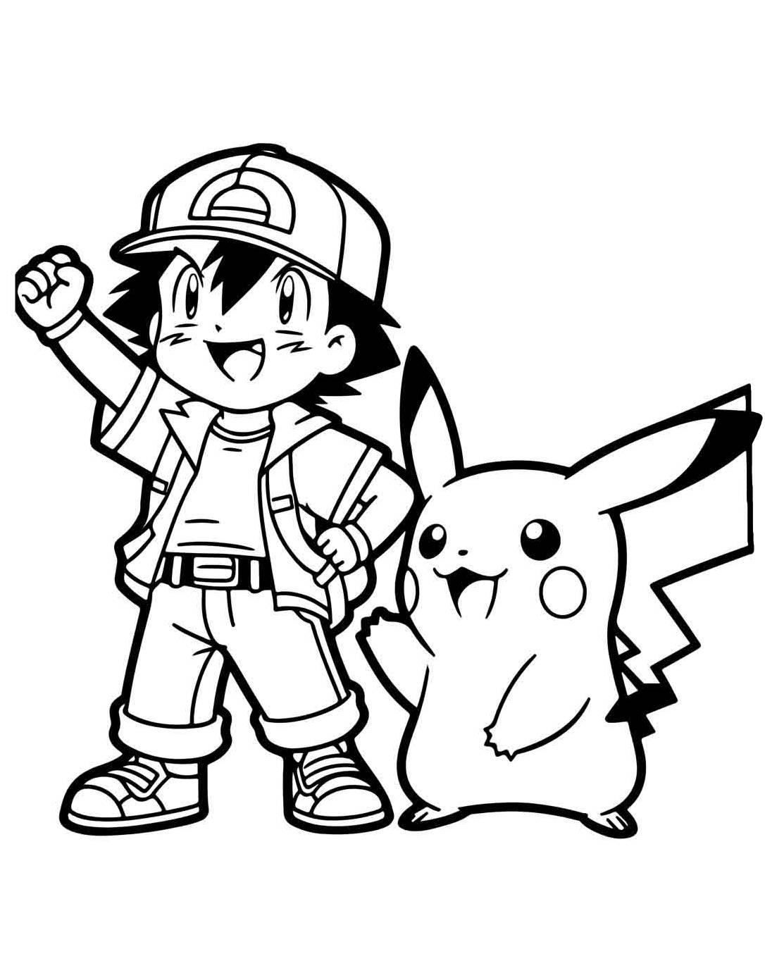 Desenho do Ash e seu amigo Pikachu, a dupla de Pokémon para imprimir e colorir.