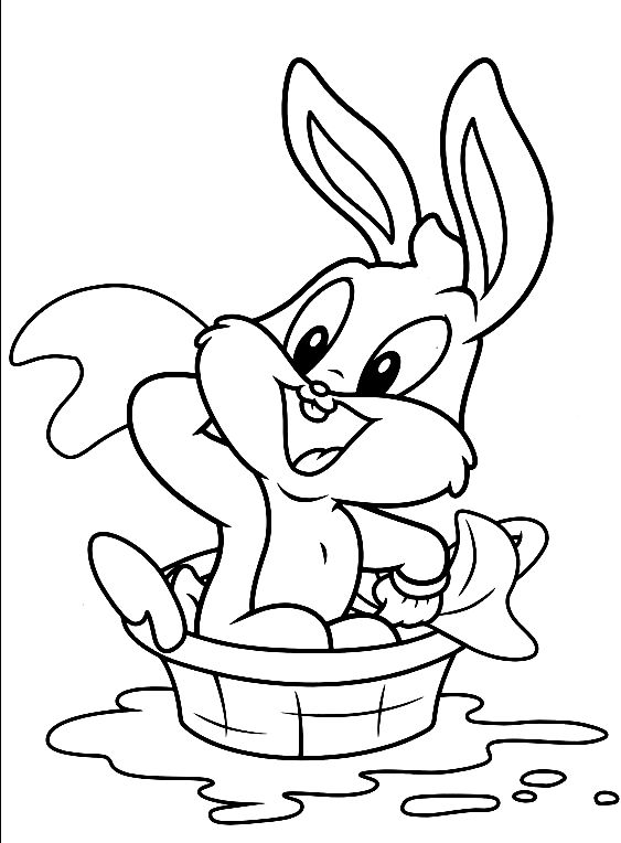 Desenho do Pernalonga bebê dos Looney Tunes tomando banho em uma cesta cheia de água para imprimir e colorir.