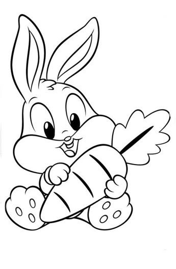Página para colorir do Pernalonga bebê segurando uma cenoura dos Baby Looney Tunes para imprimir.