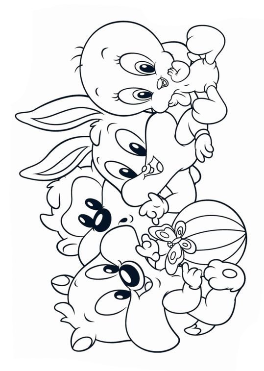 Desenho dos Baby Looney Tunes com Pernalonga, Piu-Piu, Frajola e Taz empilhados e uma borboleta para colorir.