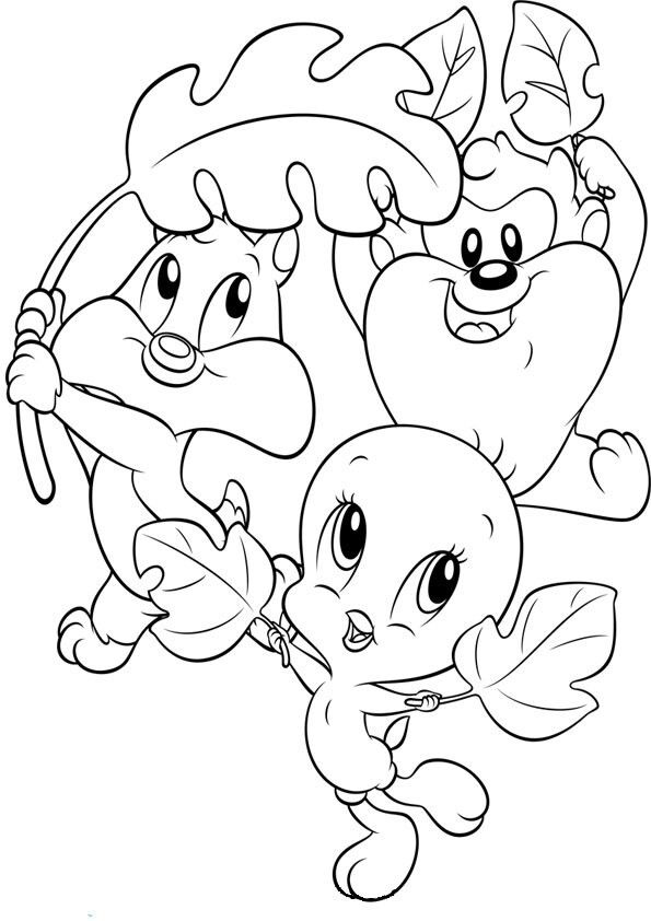 Desenho dos Baby Looney Tunes: Pernalonga, Taz e Piu-Piu se protegendo da chuva com folhas para colorir.