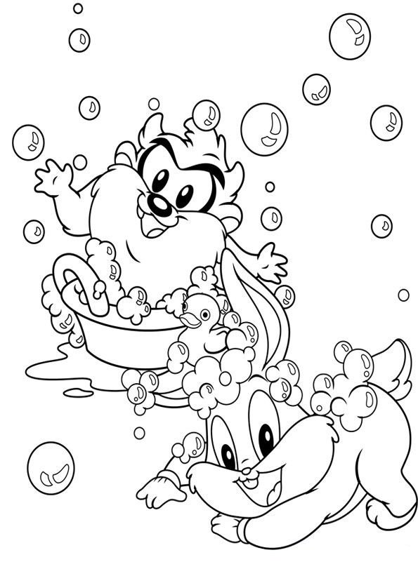 Desenho do Taz e Pernalonga baby tomando banho com espuma e patinho de borracha para imprimir e colorir.