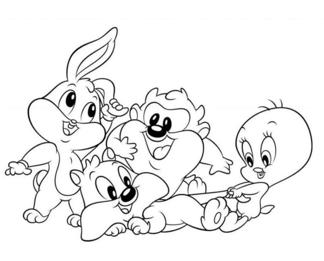 Desenho dos Baby Looney Tunes com Pernalonga, Taz, Piu-Piu e Frajola para imprimir e colorir.