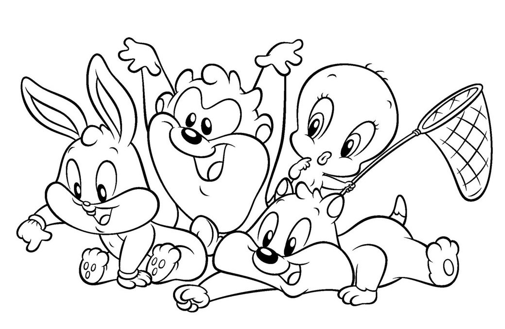 Desenho dos Baby Looney Tunes com Pernalonga, Taz, Piu-Piu e Frajola para imprimir e colorir.
