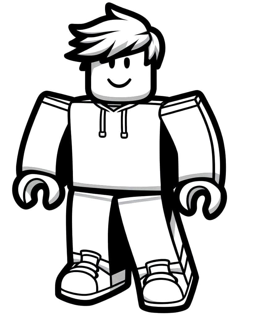 Desenho do Badboy do Roblox com corpo em bloco, moletom com capuz e tênis, pronto para imprimir e colorir.