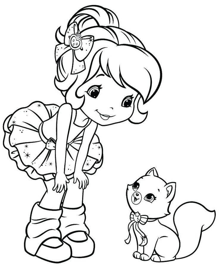 Desenho da Moranguinho bailarina com gato para imprimir e colorir.