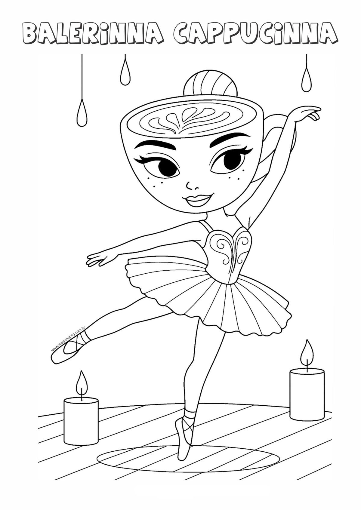 Desenho surreal da Balerinna Cappucinna, meme infantil viral do Tiktok, com cabeça de xícara de cappuccino, tutu de bailarina e sapatilhas de ponta para colorir.