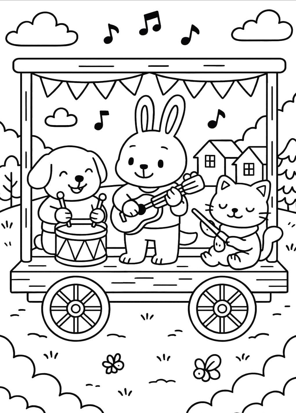 Desenho de uma banda de animais fofos no estilo Bobbie Goods em uma carroça musical, perfeito para colorir e soltar a imaginação.