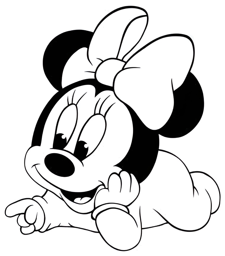 Desenho da Minnie bebê com suas orelhinhas redondas, laço, luvas e roupa de criança para imprimir.