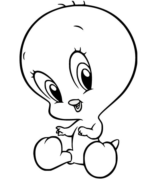 Desenho do Piu Piu bebê dos Baby Looney Tunes para imprimir e colorir. Piu Piu sentado com bracinhos abertos e um sorriso fofo.
