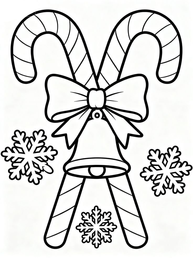 Desenho de bengalas doces natalinas com laço, sino e flocos de neve para imprimir e colorir.