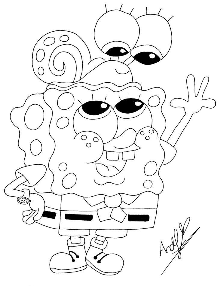 Desenho do Bob Esponja com seu caracol de estimação Gary para imprimir e colorir.