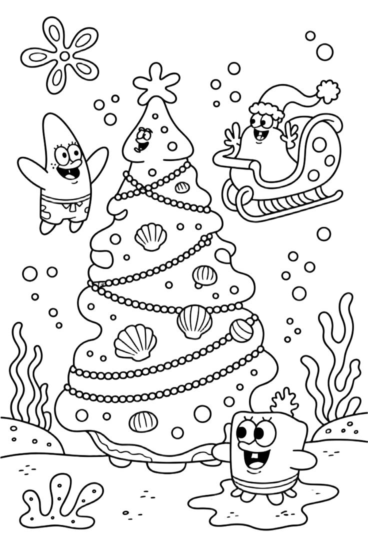 Desenho do Bob Esponja, Patrick e Gary celebrando o Natal debaixo d'água, com árvore de Natal feita de bolhas e conchas, para colorir.