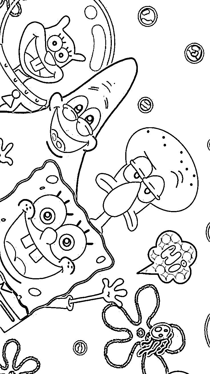Desenho do Bob Esponja, Patrick Estrela, Sandy Cheeks e Lula Molusco com águas-vivas para imprimir e colorir.
