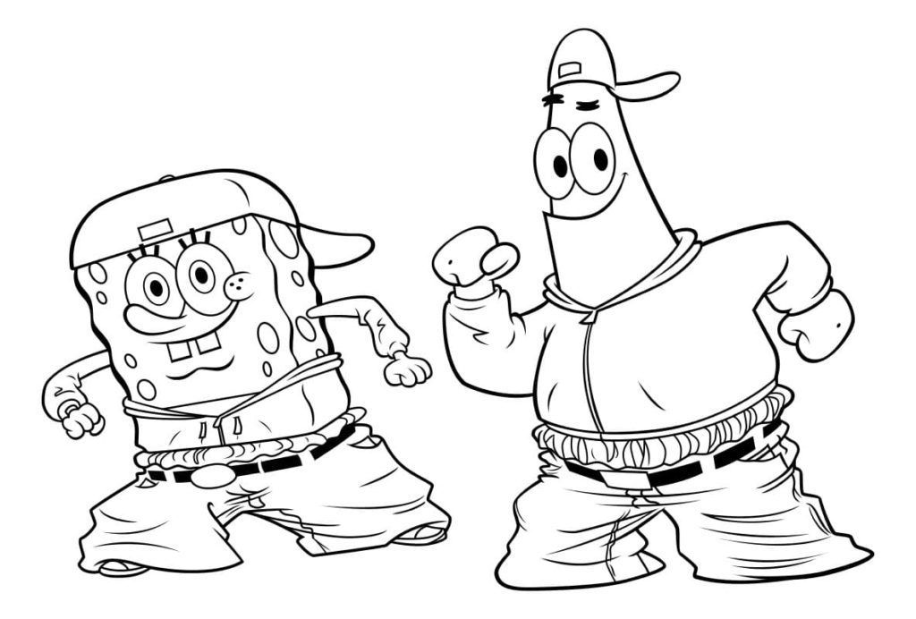 Desenho do Bob Esponja e Patrick Estrela no estilo Promos, com roupas estilosas e poses divertidas, para imprimir e colorir.