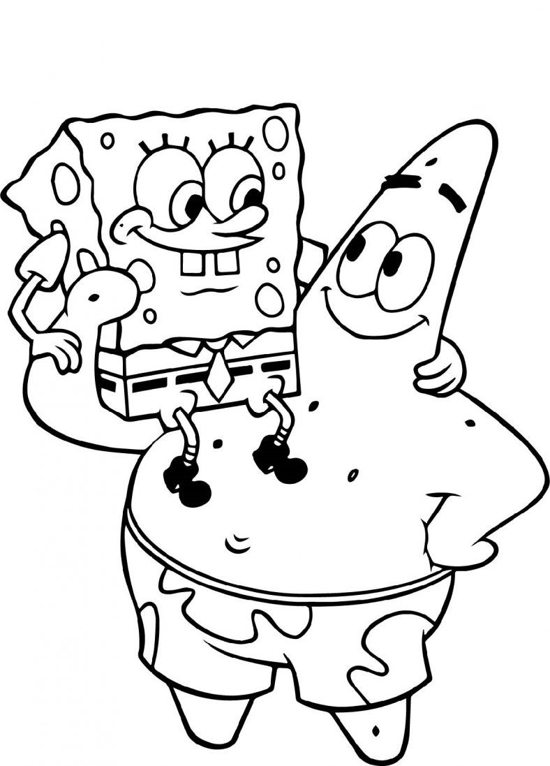 Bob Esponja e Patrick Estrela abraçados em cima de uma boia de unicórnio em desenho para colorir.
